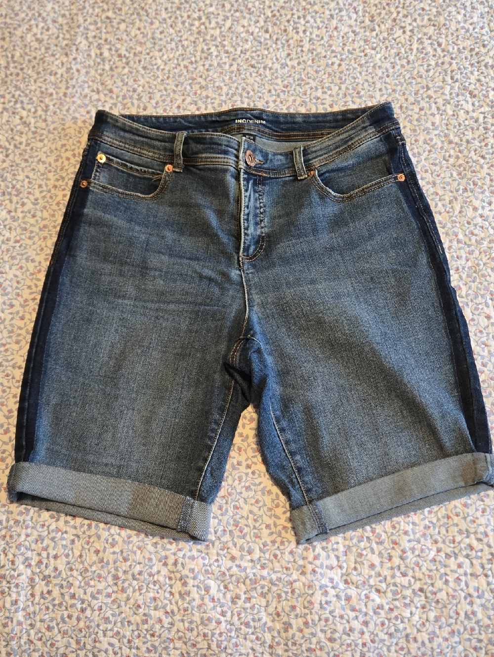 INC International Concepts Indigo Denim Cuffed Shorts with Side Stripe